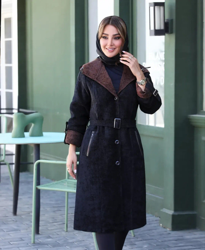 پالتو بارونی کلاه دار مدل سوژین / پارچه مخمل دالاس / مناسب ۴۲تا ۵۰ کیفیت تضمینی